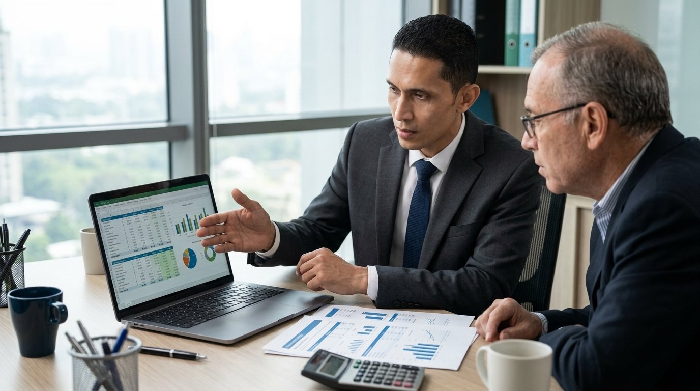 Men discussing company financial… 202608130828
